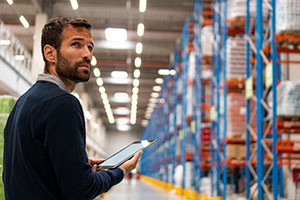 Warehouse manager inspects a pallet racking system