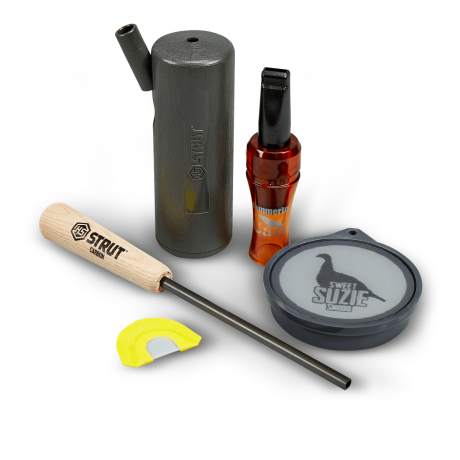 Super Strut combo kit with the glass pot call, crow call, owl call, and diaphragm