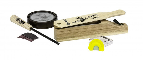 Raspy Old Hen combo kit showing the box call, glass friction pan call, and diaphragm call