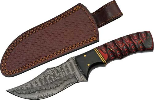 SZCO Rite Edge 4" Damascus Knife with Sheath - Buffalo Horn/Twisted Wood