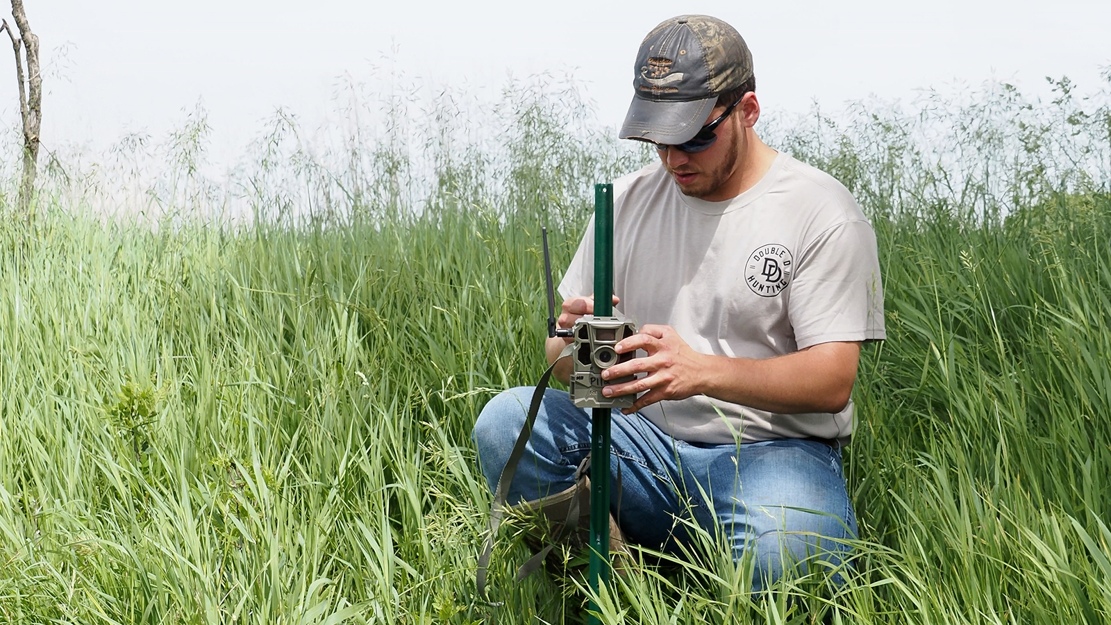 Double D Hunting team member mounting a trail camera on a post while setting it up in the field