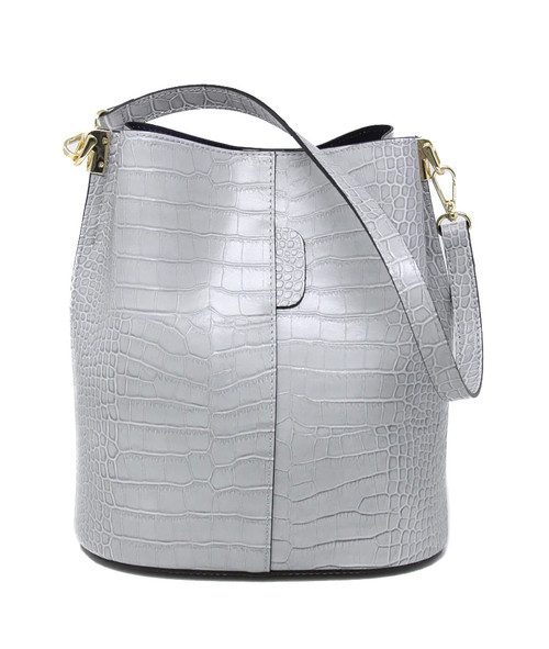 Croco Leather Bucket Bag - Light Grey