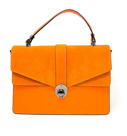 Suede/ Leather Top Handle Bag - Orange
