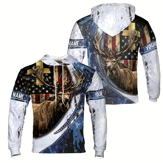 Ahoyprints Personalized Name Hunting Deer American Camouflage Flag Pattern Hoodie Sweatshirt Style 1