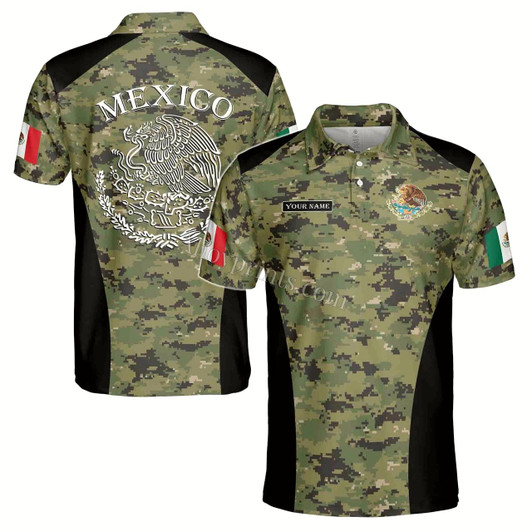 Ahoyprints Personalized Name Pixel Camo Mexico Coat of Arms Mexico Patriotic Men's Polo Shirt