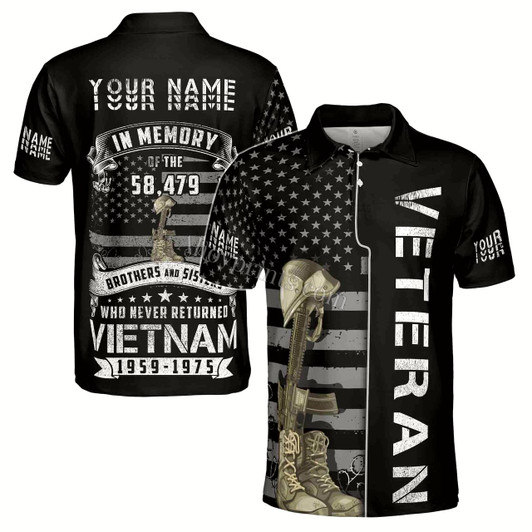 Ahoyprints Personalized Name In Memory Vietnam Veteran War U.S Vet Proud American Flag Men's Polo Shirt
