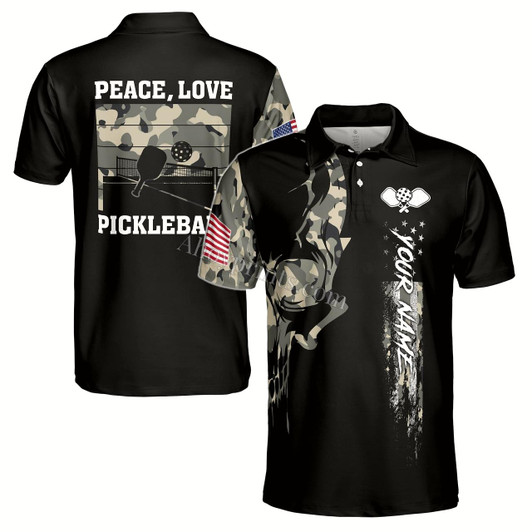 Ahoyprints Personalized Name Peace Love Pickleball America Flag Skull Camo Men's Polo Shirt