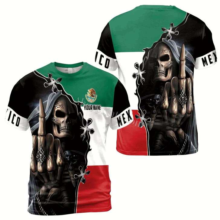 Ahoyprints Personalized Name Mexico Skull Reaper Mexico Flag Men's T-shirt