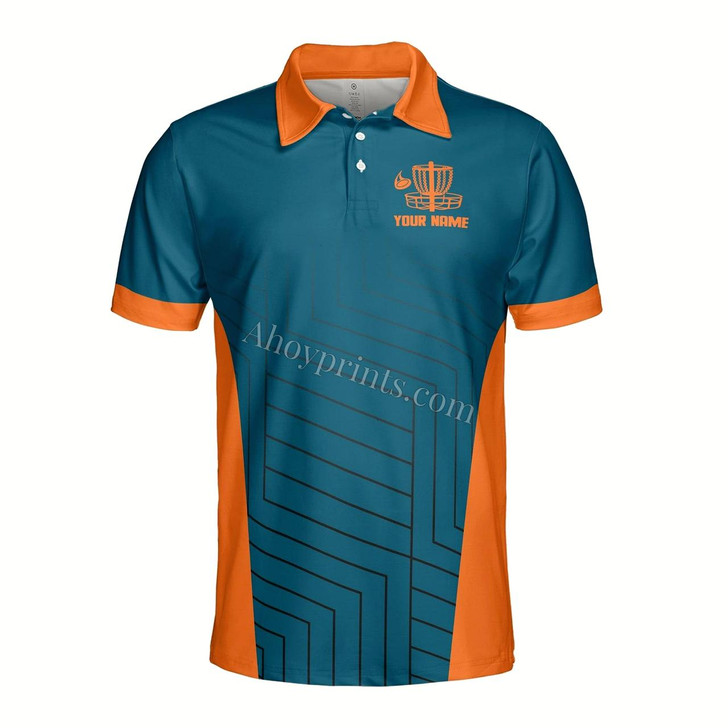 Ahoyprints Personalized Name Funny Disc Golf Blue Orange Tree Pattern Men's Polo Shirt