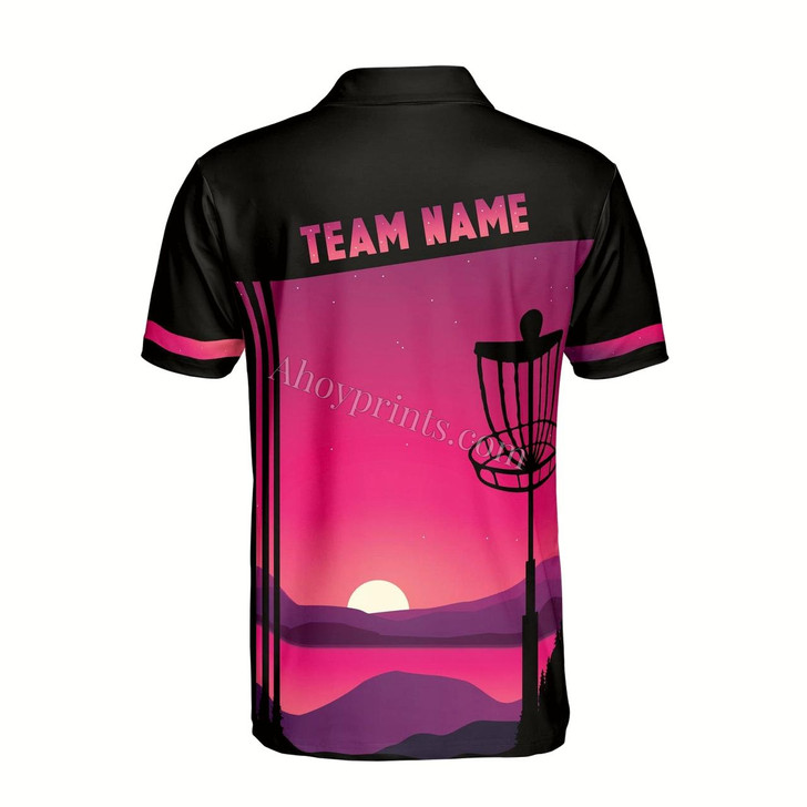 Ahoyprints Personalized Name Team Disc Golf Black Purple Sunset Pattern Men's Polo Shirt
