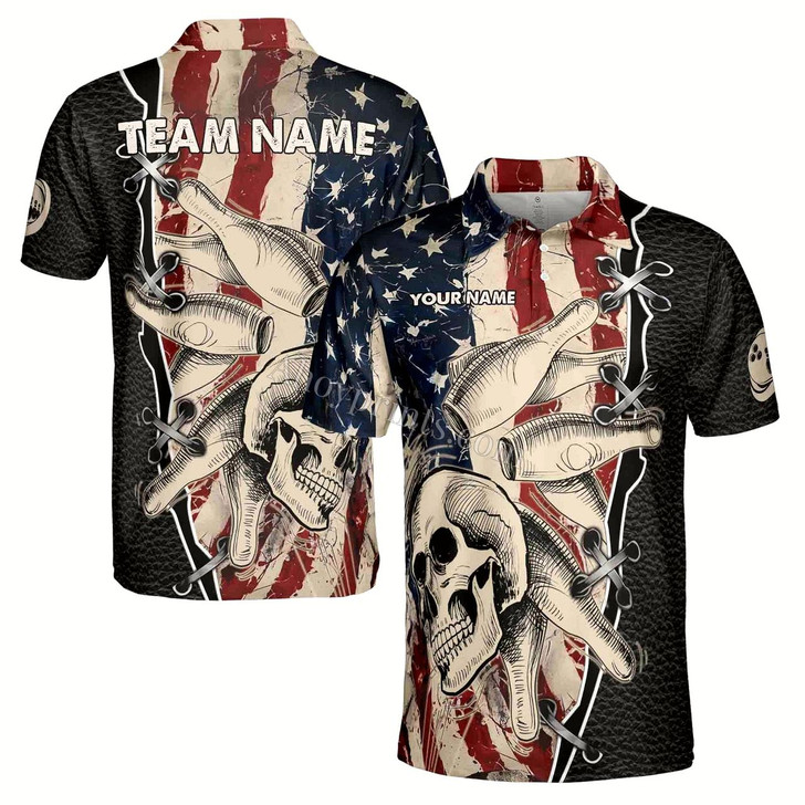 Ahoyprints Personalized Name Team Name Retro Skul American Flag Bowling Men's Polo Shirt