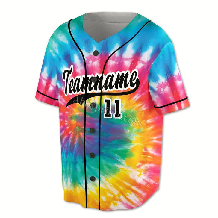 Ahoyprints Personalized Name, Team Name and Number Tie Dye Colorful Rainbow Gift for Team 3D All Over Print Baseball Jersey Shirt