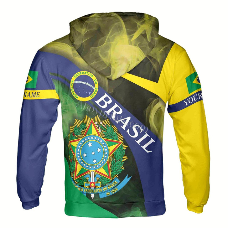 Ahoyprints Personalized Name Patriotic Brasil Coat of Arms Brazil Hoodie Sweatshirt