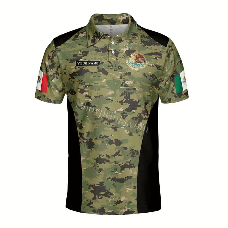 Ahoyprints Personalized Name Pixel Camo Mexico Coat of Arms Mexico Patriotic Men's Polo Shirt