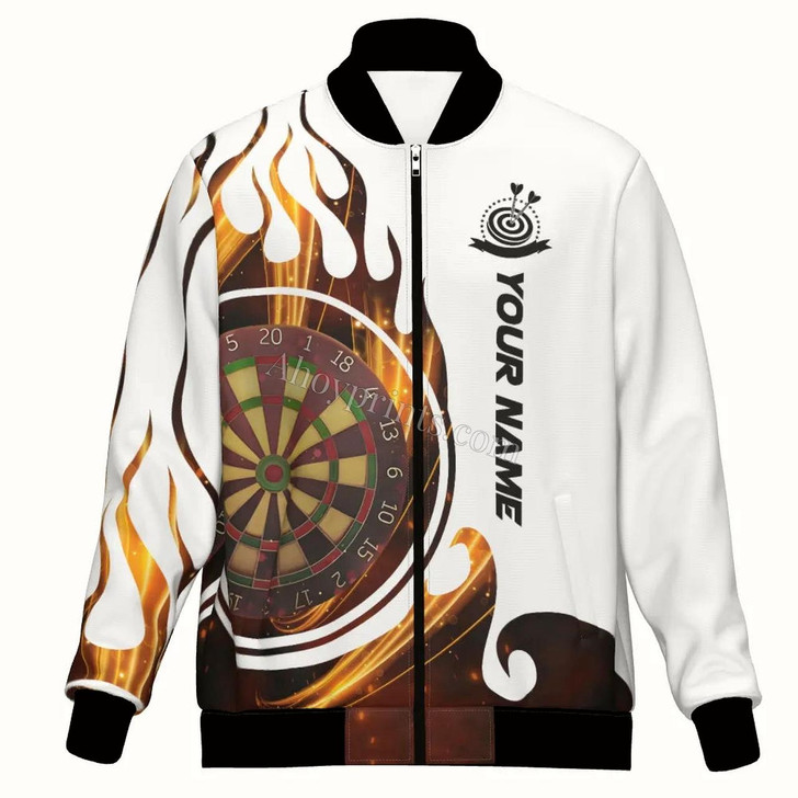 Ahoyprints Personalized Dart Unisex Bomber Jacket For Professional Dart Players Flame Of Fire Dartboard For Dart Enthusiasts