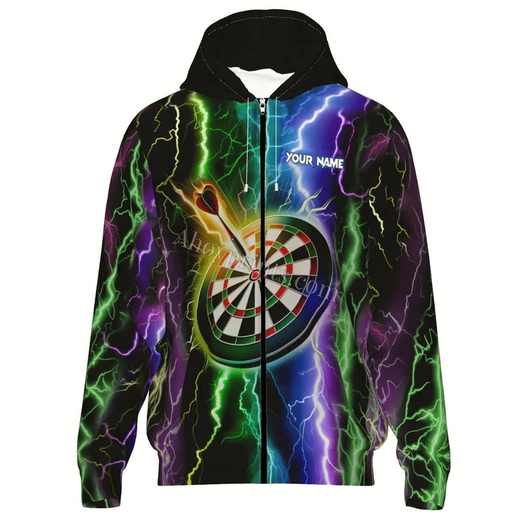 Ahoyprints Personalized Colorful Lightning Darts Unisex Zipper Hoodie For Dart Players And Enthusiasts