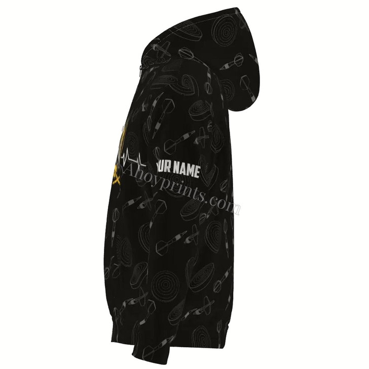 Ahoyprints Personalized Darts Unisex Zipper Hoodie With Darts Pattern And Heartbeat Design For Dart Players