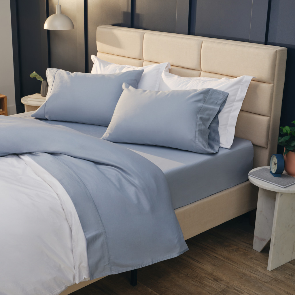 Parure de draps 4 pièces pour lit 160 x 200 cm "Grande largeur" Nature bleu 100% coton / 57 fils