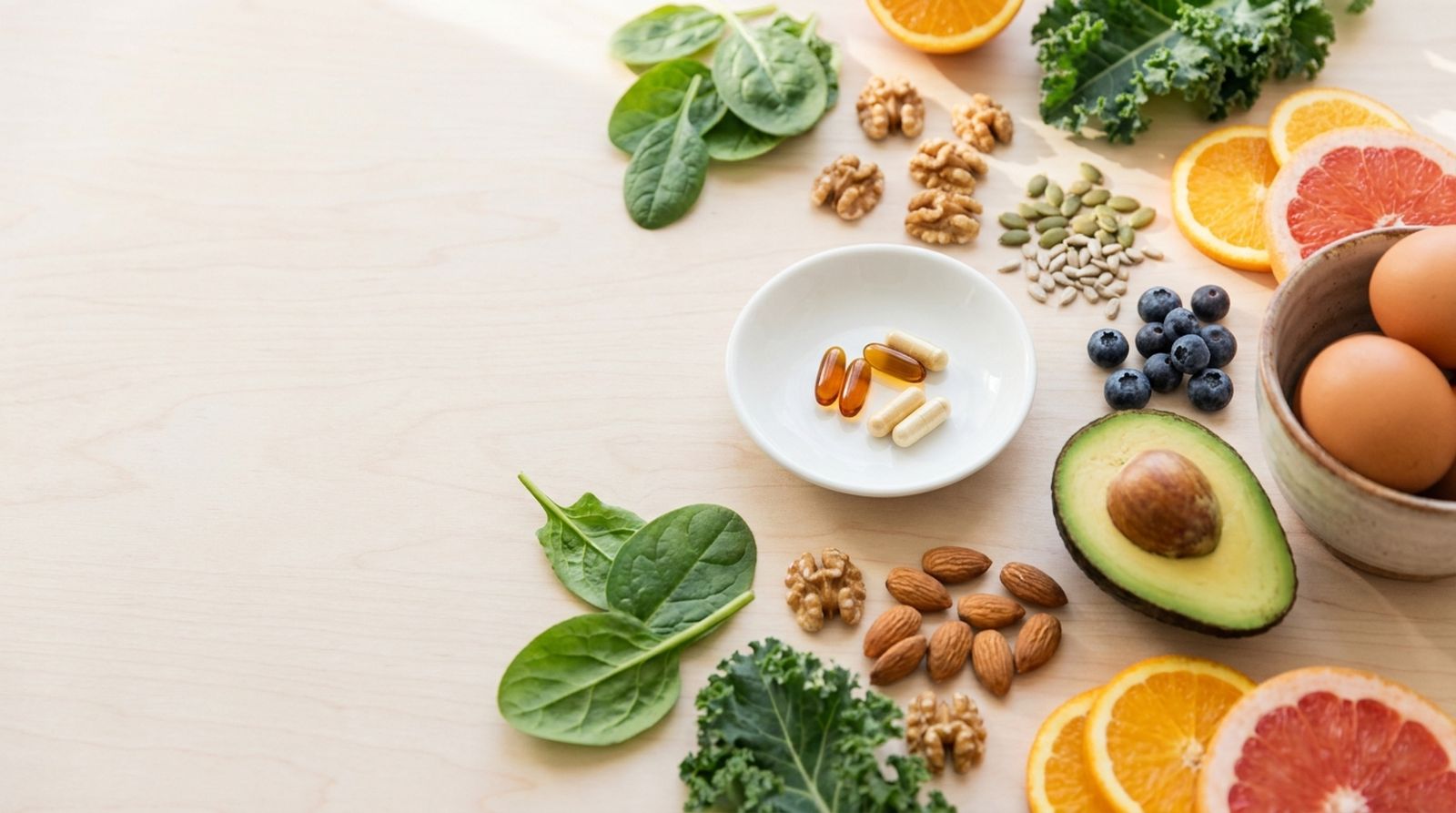 A small dish of fertility supplement capsules surrounded by fertility-friendly whole foods including leafy greens, walnuts, almonds, seeds, blueberries, avocado, citrus and eggs.