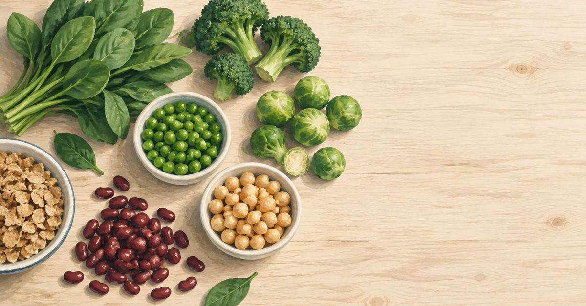 Folic acid for men Spinach, broccoli, peas, chickpeas and kidney beans on a wooden board, everyday foods that contain folate