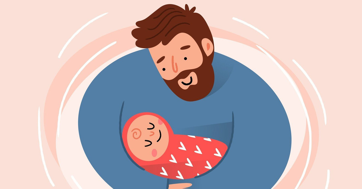 Illustration of a bearded father gently cradling his sleeping newborn