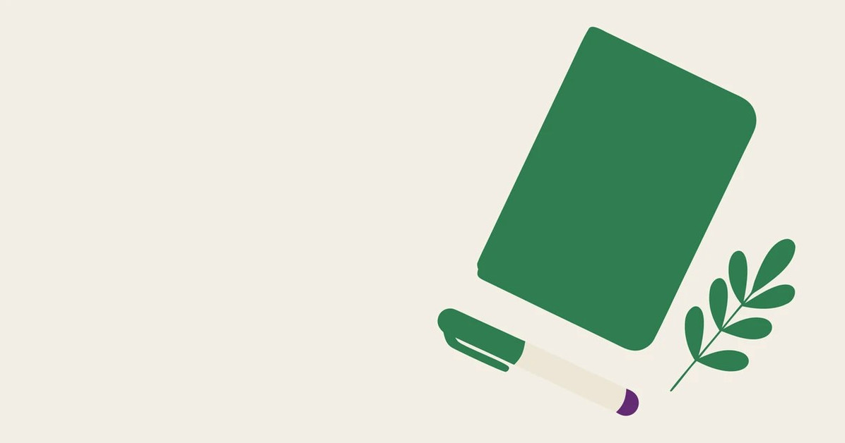 NAC for fertility Flat illustration of a closed green notebook, a pen and a sprig of leaves on a cream table