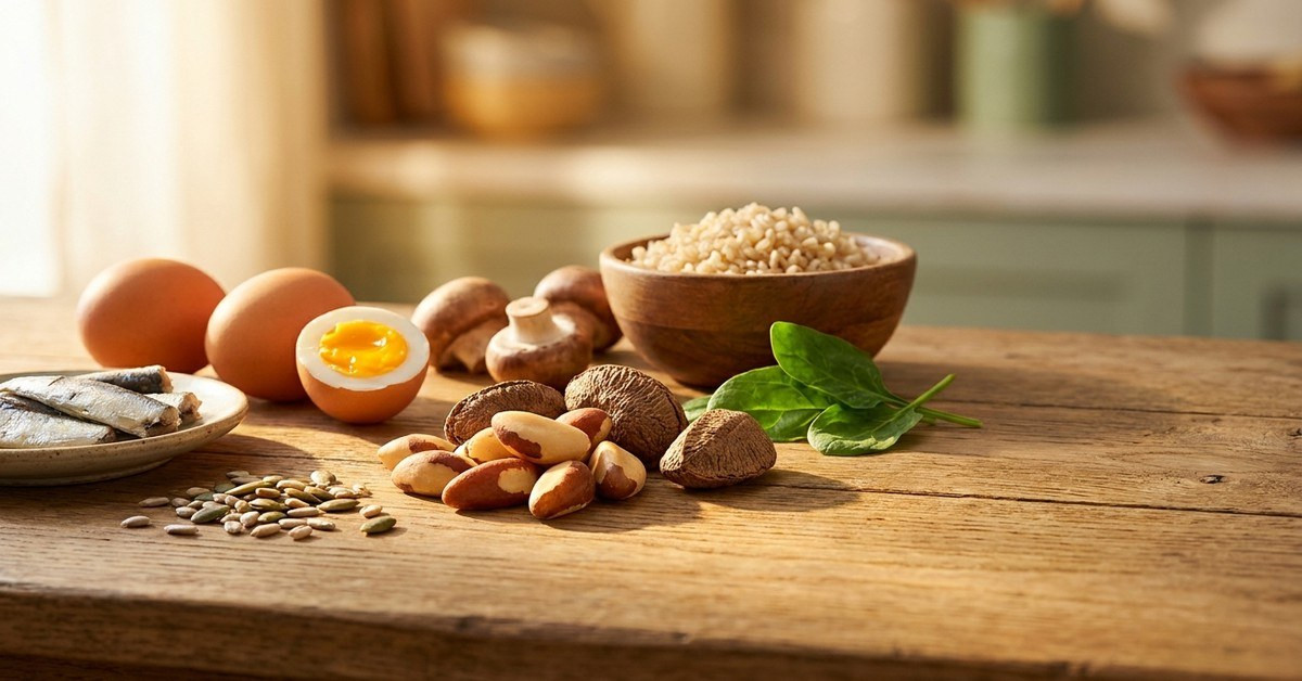 Brazil nuts, fish and eggs on a wooden board, selenium-rich foods that support normal sperm health.