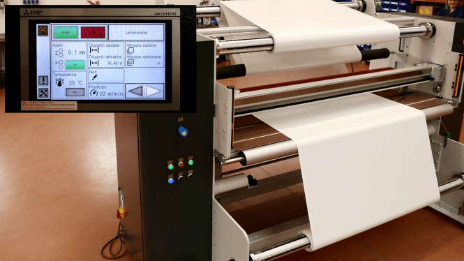 ZFP wide format laminator touchscreen control panel operating in roll-to-roll lamination mode