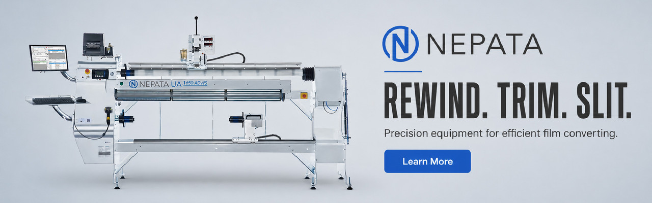 NEPATA film converting equipment with the headline Rewind. Trim. Slit. and precision equipment for efficient film converting.