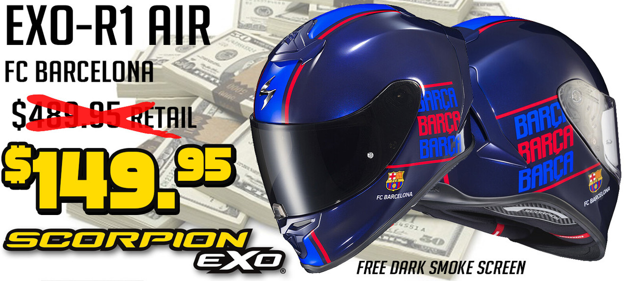 Save $340 on the Scorpion EXO-R1 Air FC Barcelona Helmet