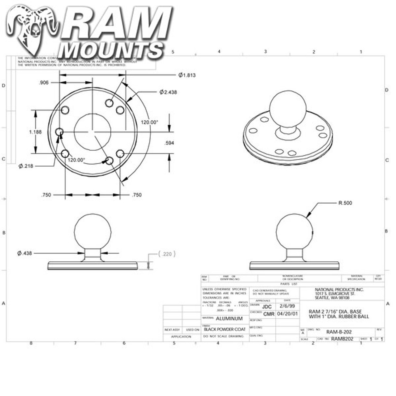 Ram Mounts 2.5 Round Base with The AMPs Hole Pattern & 1 Ball