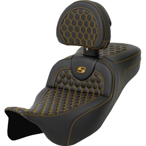Saddlemen 2008 Harley-Davidson Screamin' Eagle Electra Glide Ultra Classic FLHTCUSE3 RoadSofa Seat - Honeycomb - Gold Stitch - with Backrest - Extended Reach - FLH/FLT '08-'24 Image 1