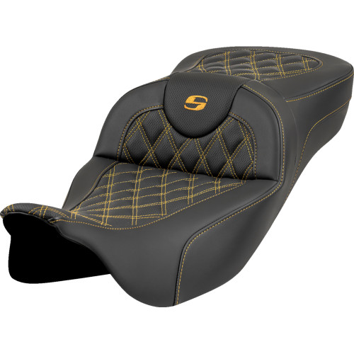 Saddlemen 2008-2009 Harley-Davidson Electra Glide Standard EFI FLHTI Roadsofa Extended Reach Seat - Lattice Stitch - Gold Stitch - without Backrest - FL '08-'23 Image 1
