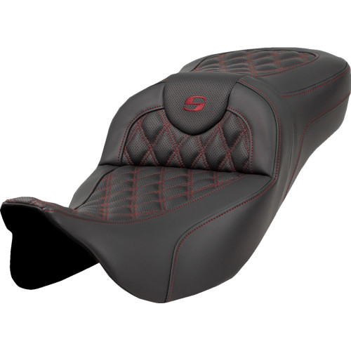 Saddlemen 2008-2009 Harley-Davidson Road Glide EFI FLTR Extended Reach Roadsofa Seat - Lattice Stitch - Burgundy Stitch - without Backrest - FL '08-'24 Image 1