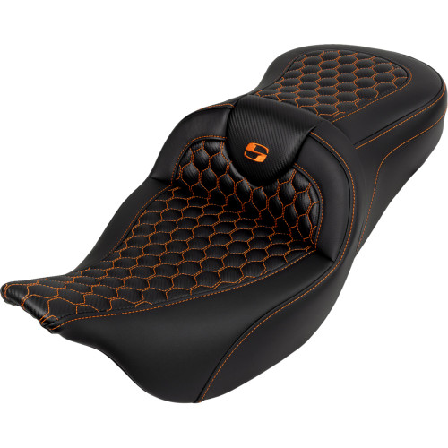 Saddlemen 2008-2023 Harley-Davidson Street Glide EFI FLHX RoadSofa Seat - Honeycomb - Orange Stitch - without Backrest - FLH/FLT '08-'23 Image 1 Saddlemen 2008-2023 Harley-Davidson Street Glide EFI FLHX RoadSofa Seat - Honeycomb - Orange Stitch - without Backrest - FLH/FLT '08-'23 Image 1