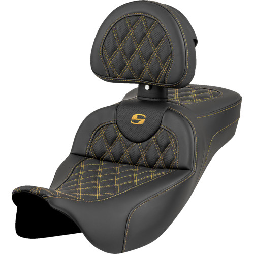 Saddlemen 2009-2013 Harley-Davidson Road King Classic FLHRC Roadsofa Extended Reach Seat - Lattice Stitch - Gold Stitch - with Backrest - FL '08-'23 Image 1
