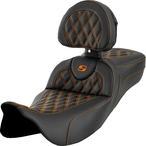 Saddlemen 2010-2013 Harley-Davidson Road Glide Custom FLTRX Roadsofa Extended Reach Seat - Lattice Stitch - Orange Stitch - with Backrest - FL '08-'24 Image 1