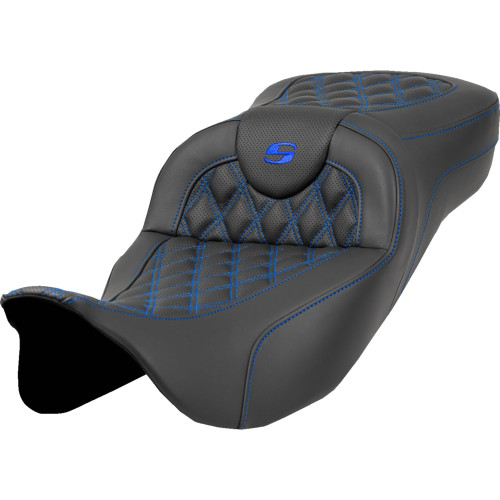 Saddlemen 2012 Harley-Davidson CVO Electra Glide Ultra Classic FLHTCUSE7 Extended Reach Roadsofa Seat - Lattice Stitch - Blue Stitch - without Backrest - FL '08-'24 Image 1