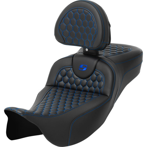 Saddlemen 2015-2019 Harley-Davidson Electra Glide Ultra Limited Low FLHTKL RoadSofa Seat - Honeycomb - Blue Stitch - with Backrest - Extended Reach - FLH/FLT '08-'24 Image 1