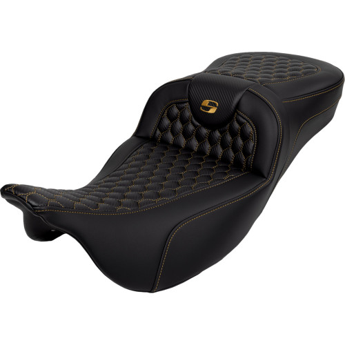 Saddlemen 2015-2023 Harley-Davidson CVO Street Glide FLHXSE RoadSofa Seat - Honeycomb - Gold Stitch - Extended Reach - without Backrest - FLH/FLT '08-'24 Image 1 Saddlemen 2015-2023 Harley-Davidson CVO Street Glide FLHXSE RoadSofa Seat - Honeycomb - Gold Stitch - Extended Reach - without Backrest - FLH/FLT '08-'24 Image 1