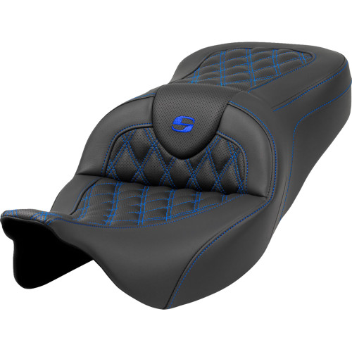 Saddlemen 2015-2023 Harley-Davidson Road Glide Custom FLTRX Roadsofa Seat - Lattice Stitch - Blue Stitch - without Backrest - FLH/FLT '08-'23 Image 1
