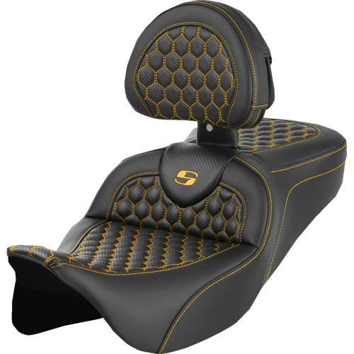 Saddlemen 2015-2023 Harley-Davidson Road Glide Special FLTRXS RoadSofa Seat - Honeycomb - Gold Stitch - with Backrest - FLH/FLT '08-'23 Image 1 Saddlemen 2015-2023 Harley-Davidson Road Glide Special FLTRXS RoadSofa Seat - Honeycomb - Gold Stitch - with Backrest - FLH/FLT '08-'23 Image 1