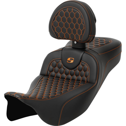 Saddlemen 2016-2019 Harley-Davidson Road Glide Ultra FLTRU RoadSofa Seat - Honeycomb - Orange Stitch - with Backrest - Extended Reach - FLH/FLT '08-'24 Image 1