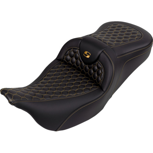 Saddlemen 2017-2023 Harley-Davidson Road King Special FLHRXS RoadSofa Seat - Honeycomb - Gold Stitch - without Backrest - FLH/FLT '08-'23 Image 1