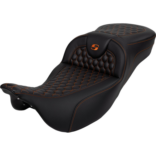Saddlemen 2017-2024 Harley-Davidson Road King Special FLHRXS RoadSofa Seat - Honeycomb - Orange Stitch - Extended Reach - without Backrest - FLH/FLT '08-'24 Image 1