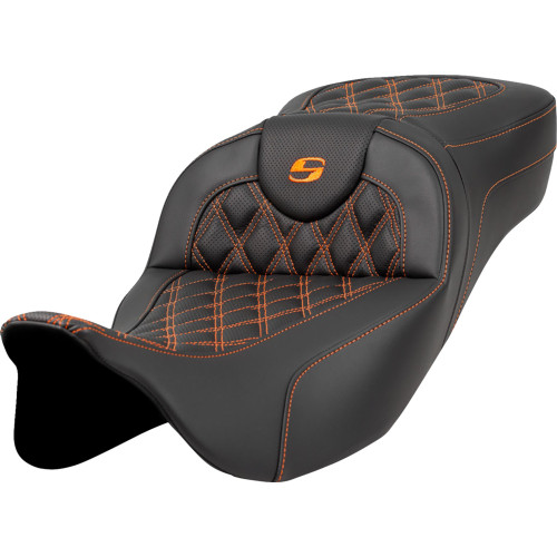 Saddlemen 2019-2022 Harley-Davidson Electra Glide Standard EFI FLHTI Extended Reach Roadsofa Seat - Lattice Stitch - Orange Stitch - without Backrest - FL '08-'24 Image 1