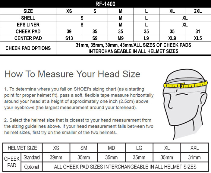 Shoei RF-1400 Size Chart