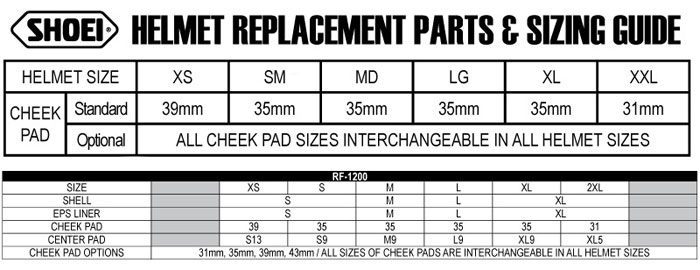 shoei cheek pads sizes