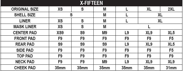 Shoei X-Fifteen Size Chart