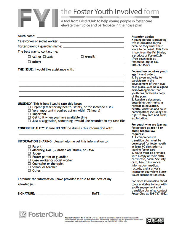Foster Youth Involved Form - FREE Download